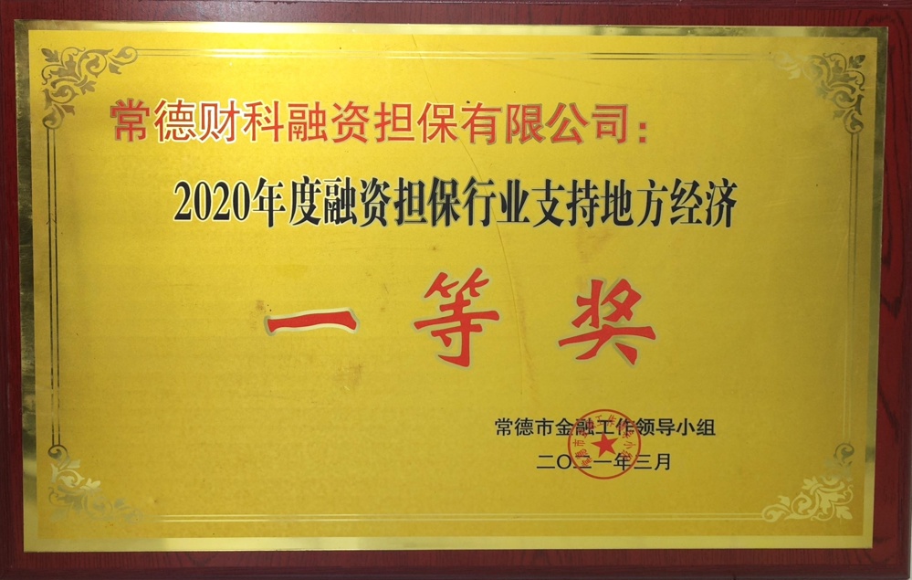 常德財科融資擔(dān)保有限公司：2020年度融資擔(dān)保行業(yè)支持地方經(jīng)濟一等獎